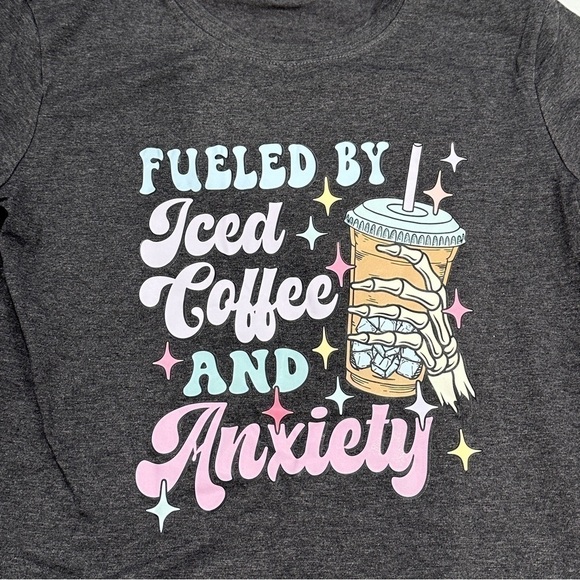 NWOT Fueled By Iced Coffee & Anxiety Grey Graphic T-shirt - Picture 2 of 7